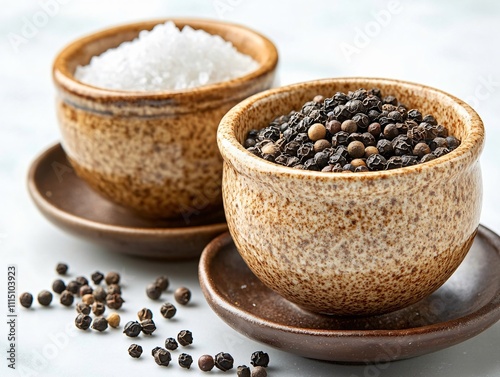 Salt and black pepper in a matching porcelain cup and saucer set. There are some on the floor.
