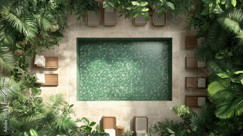 Aerial view of serene swimming pool surrounded by lush greenery, and sun loungers