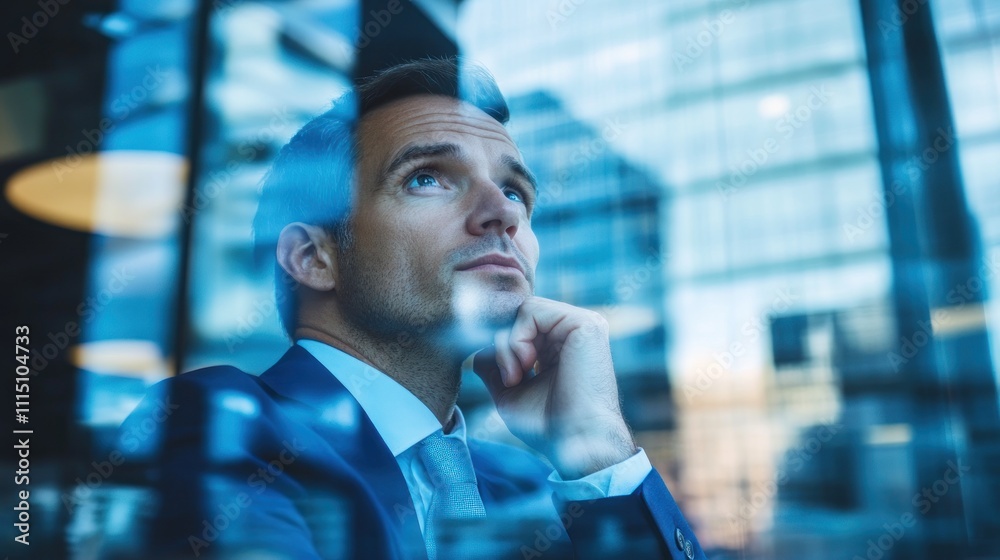 Obraz premium A businessman thoughtfully gazes upwards, reflecting in a glass building's surface.