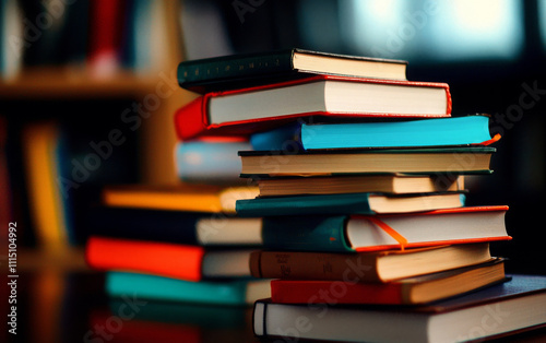 Stack of colorful self help books in cozy setting, inviting exploration photo