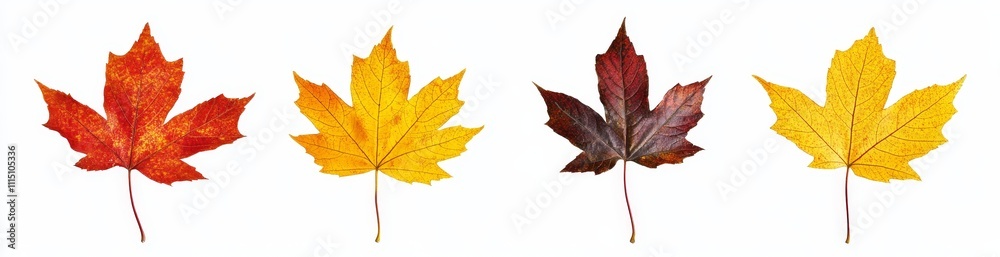 Four vibrant maple leaves in different shades of red, yellow, and orange. Four vibrant maple leaves in different shades of red, yellow, and orange.