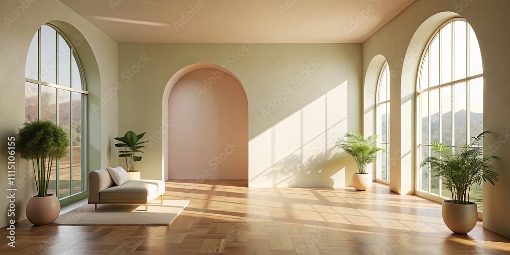 Obraz premium Serene Minimalist Living Room with Arch Windows and Sunlight