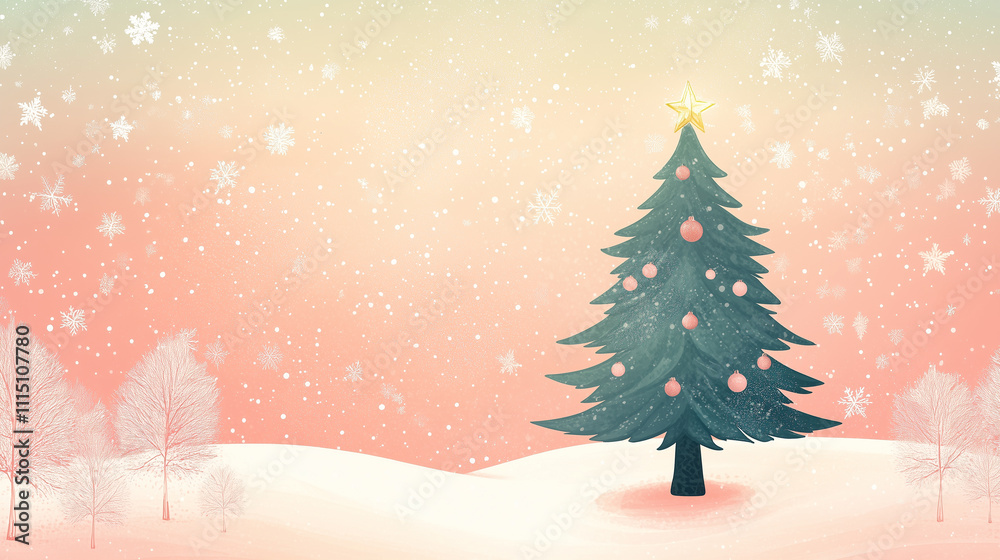 Fototapeta premium Pink Winter Wonderland Christmas Tree Festive Snowflakes Scene