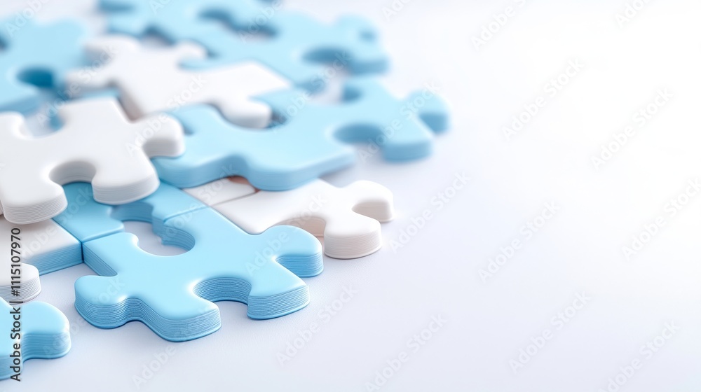 3D Blank Jigsaw Puzzle Pieces on Soft Blue Background