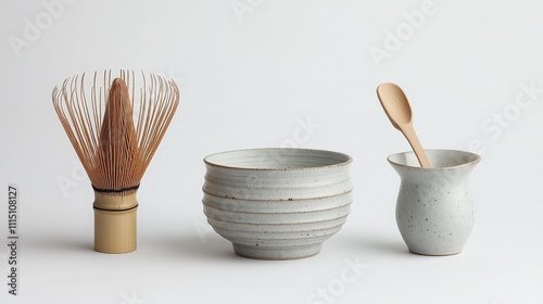 Elegant Japanese Tea Ceremony Setup Featuring Whisk, Bowl, and Scoop in Minimalist Style Against a Light Background