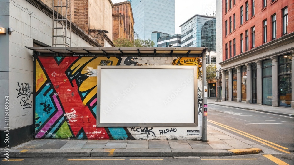 Naklejka premium Blank billboard stands out against a colorful graffiti wall in a bustling city street, offering prime space for advertising campaigns