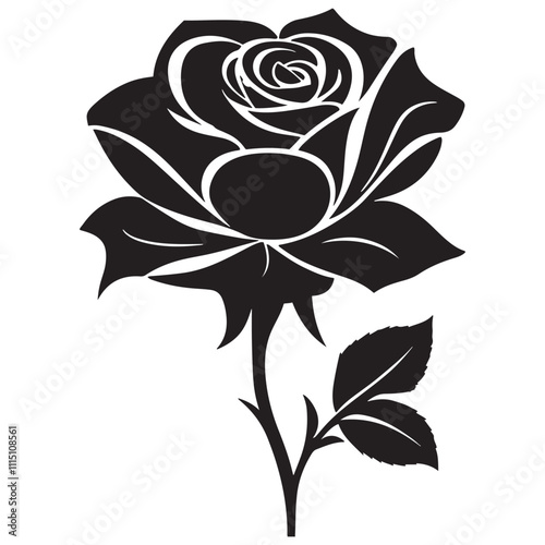 Roses flat black icon. Rose Art Beautiful Black and White Rose Illustration, Flowers silhouette icon.