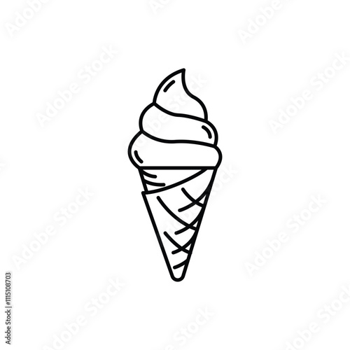 Ice cream big ball in wafer cone. vanilla, chocolate, sweet dessert sign. single fruit yogurt icecream black line icon. Close vector illustration isolated on white