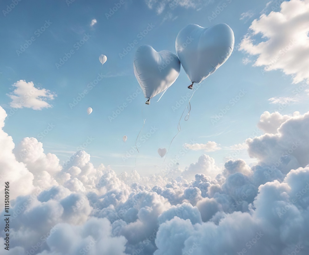 Obraz premium Heart-shaped balloons floating in mid-air within a pale blue sky with fluffy white clouds , pastel colors, soft blue sky