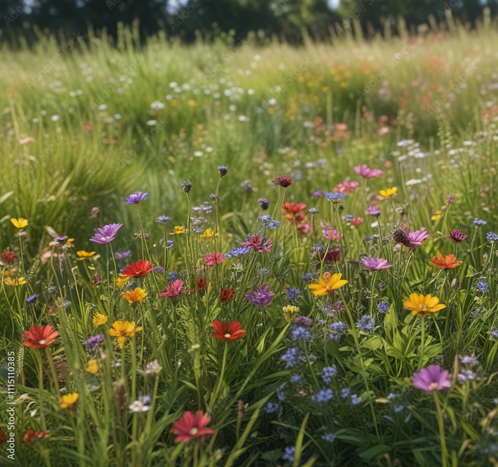 Colorful wildflowers sway gently in the breeze amidst tall grasses, colorful flowers, green meadow Colorful wildflowers sway gently in the breeze amidst tall grasses, colorful flowers, green meadow