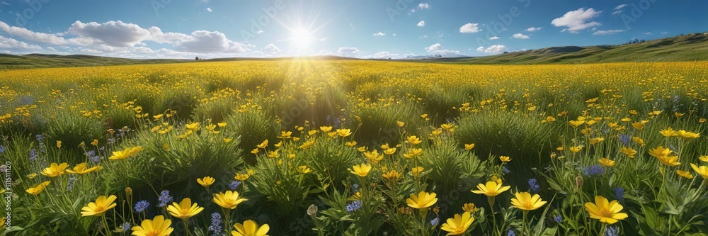 Fototapeta premium A sun-drenched meadow filled with a kaleidoscope of bright yellow wildflowers, under a radiant blue sky, clear blue sky, happy flowers, countryside charm