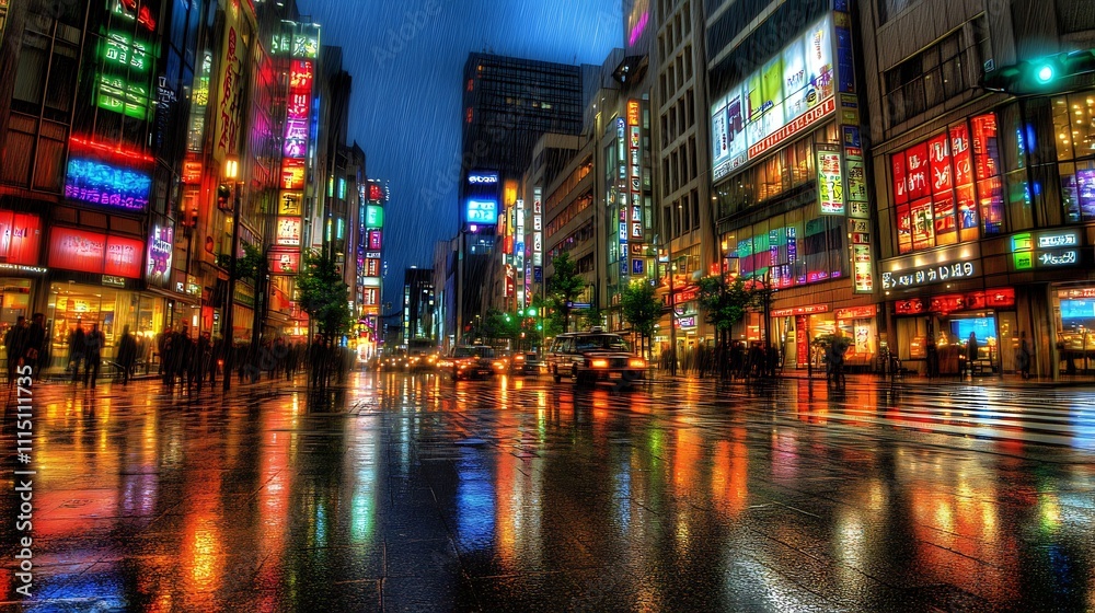 Rainy Night Cityscape Vibrant Neon Lights Reflecting On Wet Street
