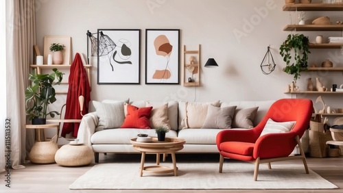 Using a mock-up poster frame, a red armchair, a beige sofa, a wooden coffee table, a white rack, a ladder, a palid, and personal items, the living room's decor is creatively designed. Interior design photo