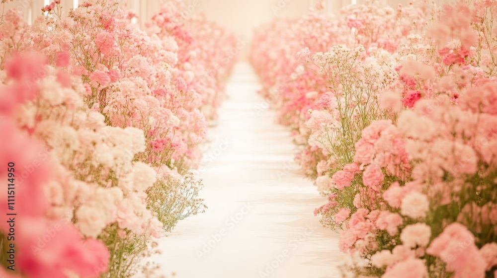 Fotografie A serene pathway lined with lush pink and white flower, creating a tranquil atmosphere