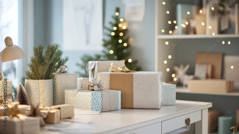 A cozy workspace with beautifully wrapped presents in festive paper and creative embellishments A cozy workspace with beautifully wrapped presents in festive paper and creative embellishments