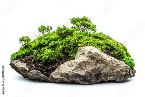 Green moss with dirt soil and decorative stone rock