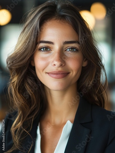 Wallpaper Mural Confident young woman with long wavy hair and natural makeup, smiling elegantly in a professional setting with soft lighting and a blurred background, radiating warmth and approachability Torontodigital.ca