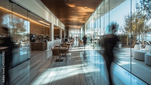 running first person picture with motion of a modern office cafeteria with people eating