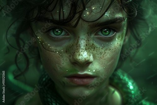 Enigmatic Portrait of a Young Girl with Green Eyes and Freckles Surrounded by Mystical Elements and an Intriguing Serpent, Evoking a Fantasy World of Nature and Magic