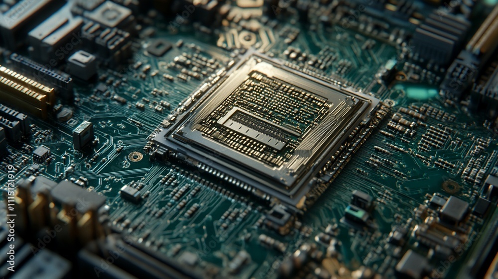 Fototapeta premium Close-up of a circuit board with a central processor chip.