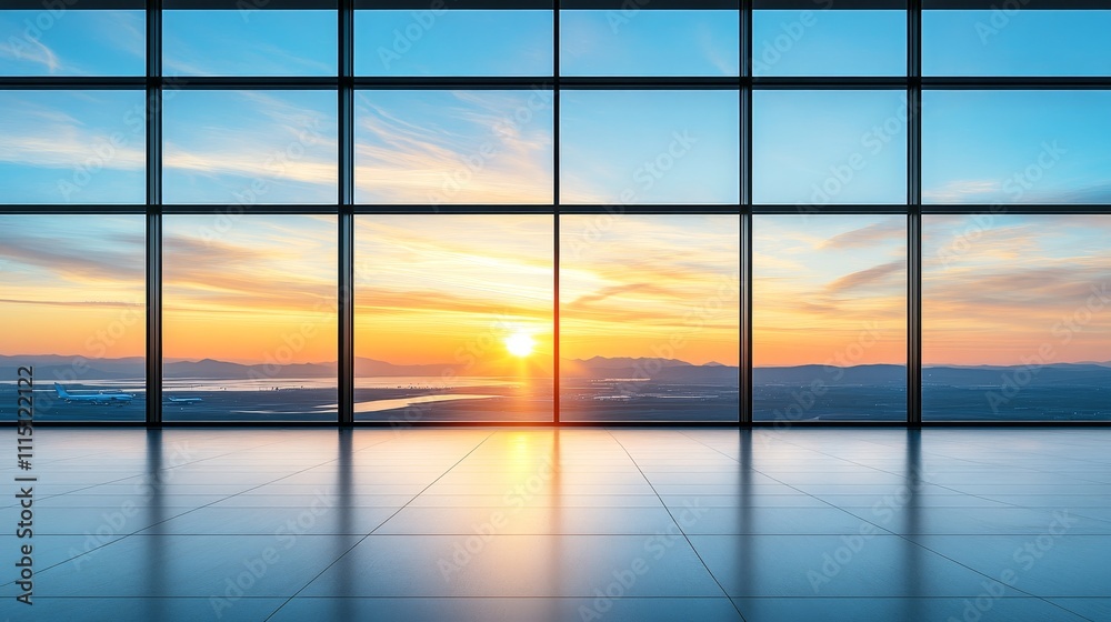 Fototapeta premium A serene sunrise view through large windows, showcasing a beautiful landscape and vibrant sky colors.