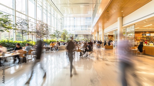 running first person picture with motion of a modern office cafeteria with people eating