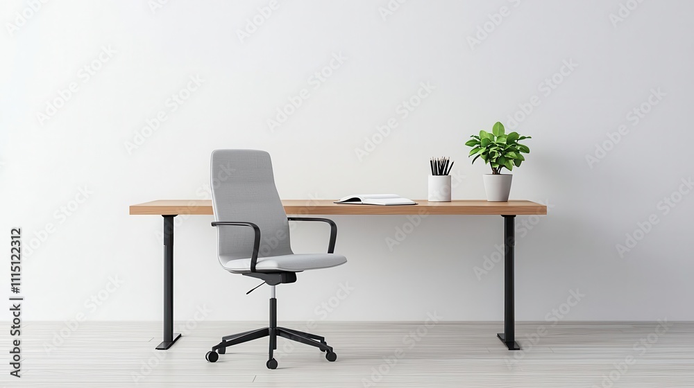 Fototapeta premium Minimalist executive desk with clean lines, only a notebook and pen, spacious office, Executive workspace, clean simplicity