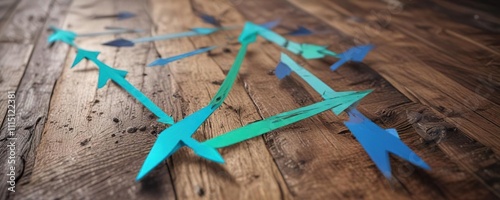 Colorful arrows rising from the ground on a wooden surface amidst a soothing blue-green hue, botanical, flourish