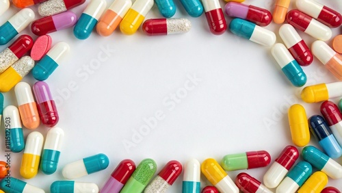 Colorful antimicrobial capsule pills arranged in a circular pattern on a transparent background, science, wellness, vibrant colors, pill