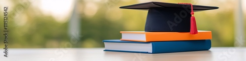  books and graduation hat on a student desk, ideal for educational, school and student concept, advertising courses and further education