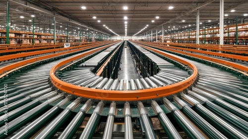 Conveyor Belt System in a Modern Logistics Warehouse for Efficient Sorting and Distribution of Goods photo