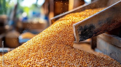 Golden grains flow smoothly down a conveyor chute in an agricultural processing facility. The image highlights modern grain handling, efficient transportation, and food production technology.