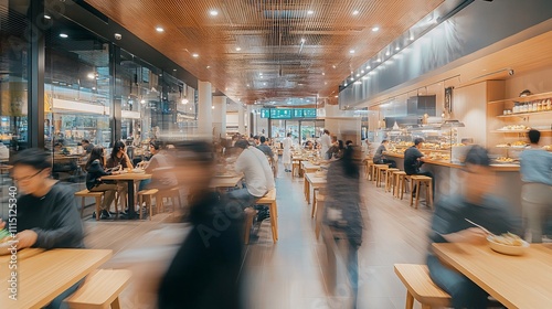 running first person picture with motion of a modern office cafeteria with people eating
