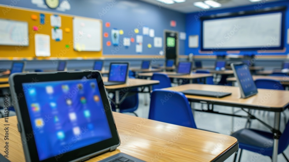 Naklejka premium Technology Integration Classroom: Each student is equipped with a laptop or tablet, supported by charging stations and Wi-Fi zones, creating a fully connected learning environment. 