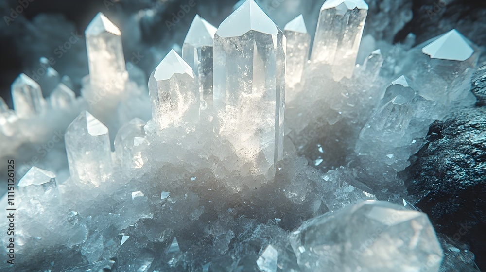 Obraz premium Sparkling Clear Quartz Crystals Capturing Intricate Facets and Radiant Clarity A Close up Shot Showcasing the Beauty and Scientific Elegance of This Precious Natural Gemstone