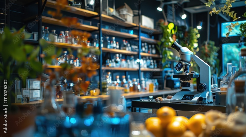 Naklejka premium Science Exploration Lab: Equipped with microscopes, specimens, and lab tools, this lab fosters hands-on experiments and scientific exploration for students and learners. 