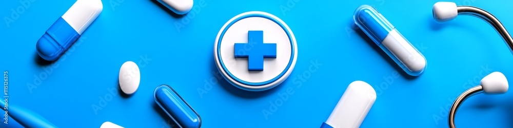 Obraz premium Medical supplies and medications arranged on a vibrant blue background highlighting healthcare essentials and pharmacy items