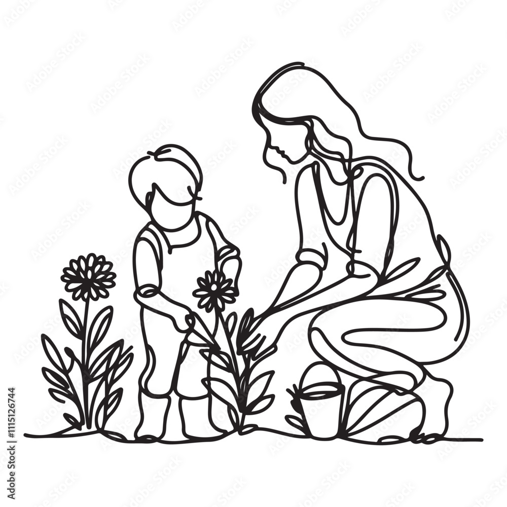 Fototapeta premium One continuous single drawing black line art doodle of a mother and child planting flowers together on holiday