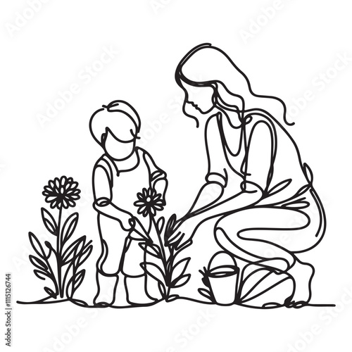 One continuous single drawing black line art doodle of a mother and child planting flowers together on holiday