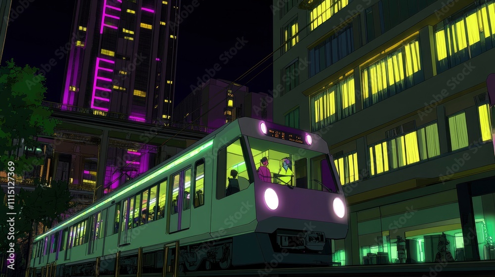 Futuristic train in a vibrant urban night scene Futuristic train in a vibrant urban night scene