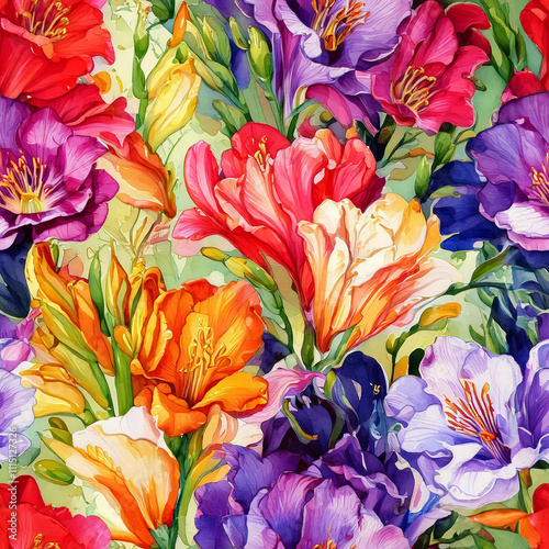 Botanical water colour freesia wild flower seamless pattern, good for POD, Photo art, wall paper and textile print photo