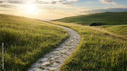 Winding path through grassy hills at sunset.