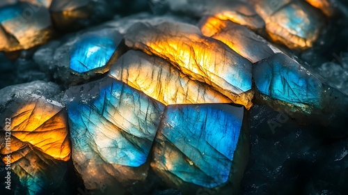 Captivating close up photograph showcasing the mesmerizing play of blue green and golden hues as light hits the surface of shimmering labradorite gemstones photo