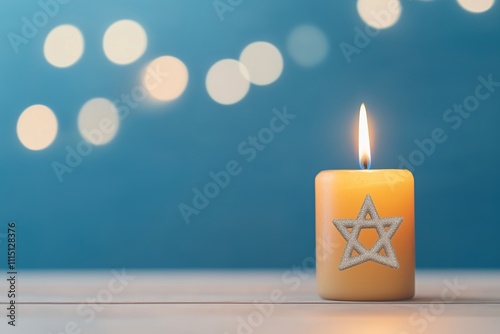Candle with Star of David symbol, lit against a soft blurred background. Ideal for themes of Judaism, remembrance, spirituality, and celebrations