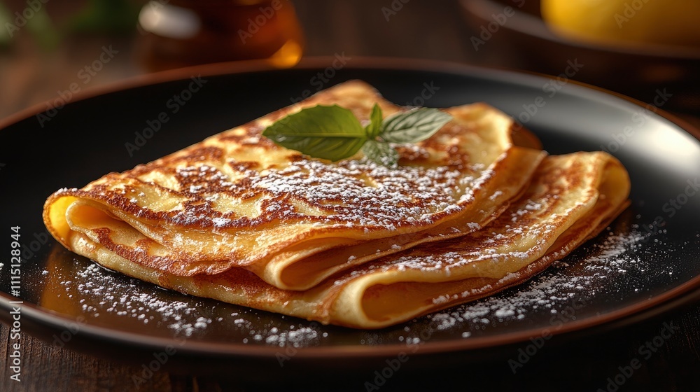 Delicious crepes topped with powdered sugar and mint Delicious crepes topped with powdered sugar and mint