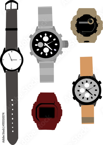 Vector illustration of analog, digital, sport and luxury watches