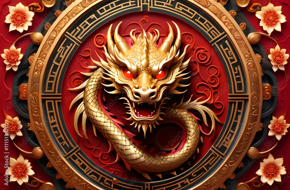 Fototapeta premium A golden dragon intertwined with a circular Chinese zodiac wheel, with glowing zodiac symbols radiating light against a vibrant red background. Chinese New Year illustration
