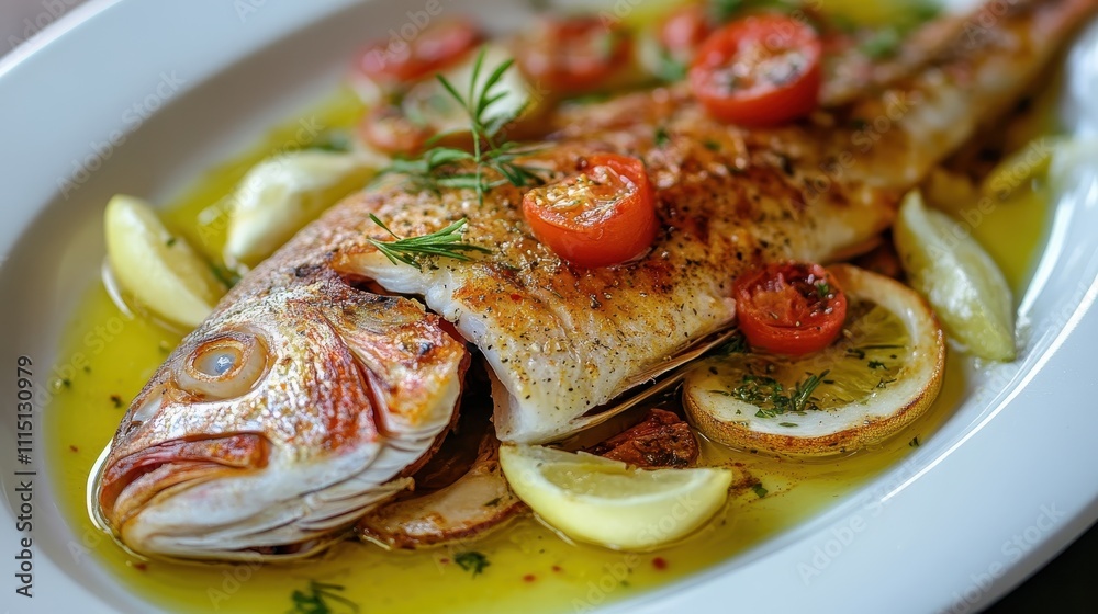 Roasted fish with lemon & tomatoes, herbs. Perfect for menus, recipe blogs, or food websites. Roasted fish with lemon & tomatoes, herbs. Perfect for menus, recipe blogs, or food websites.