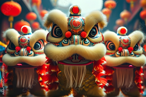 A vivid scene of a traditional Chinese lion dance in an urban setting, with performers wearing colorful lion costumes leaping high, surrounded by a crowd holding red envelopes and cheering under strin photo