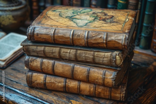 Antique leather-bound books with vintage world map cover stacked on a rustic wooden table, showcasing the beauty of history and craftsmanship in literature. photo